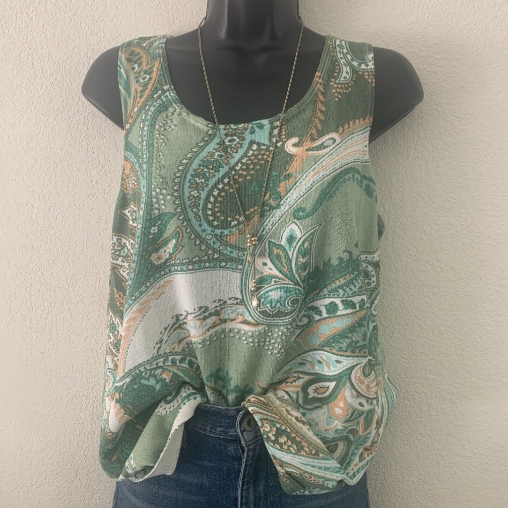 Chico's Knit Tank Top Size 1 Medium 8/10 Green Paisley Sleeveless Lightweight